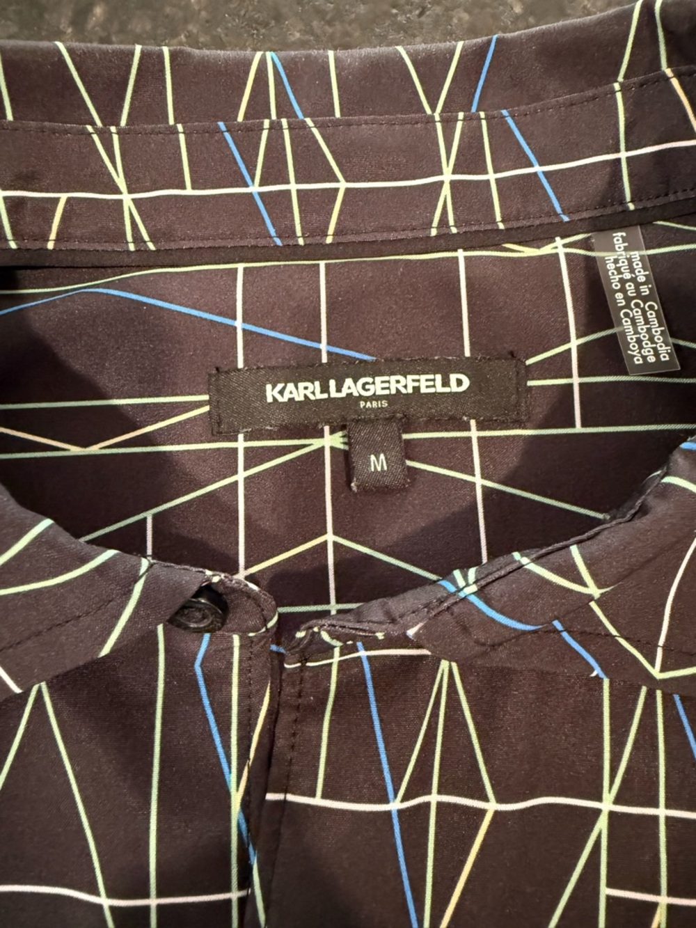 Karl Lagerfeld Black Button-Down Shirt with Green & Blue Geometric Lines Size M